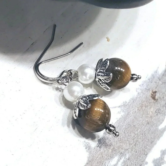 Handcrafted Tiger Eye Gemstone White Faux Pearl Silver Dangle Earrings - Picture 1 of 9